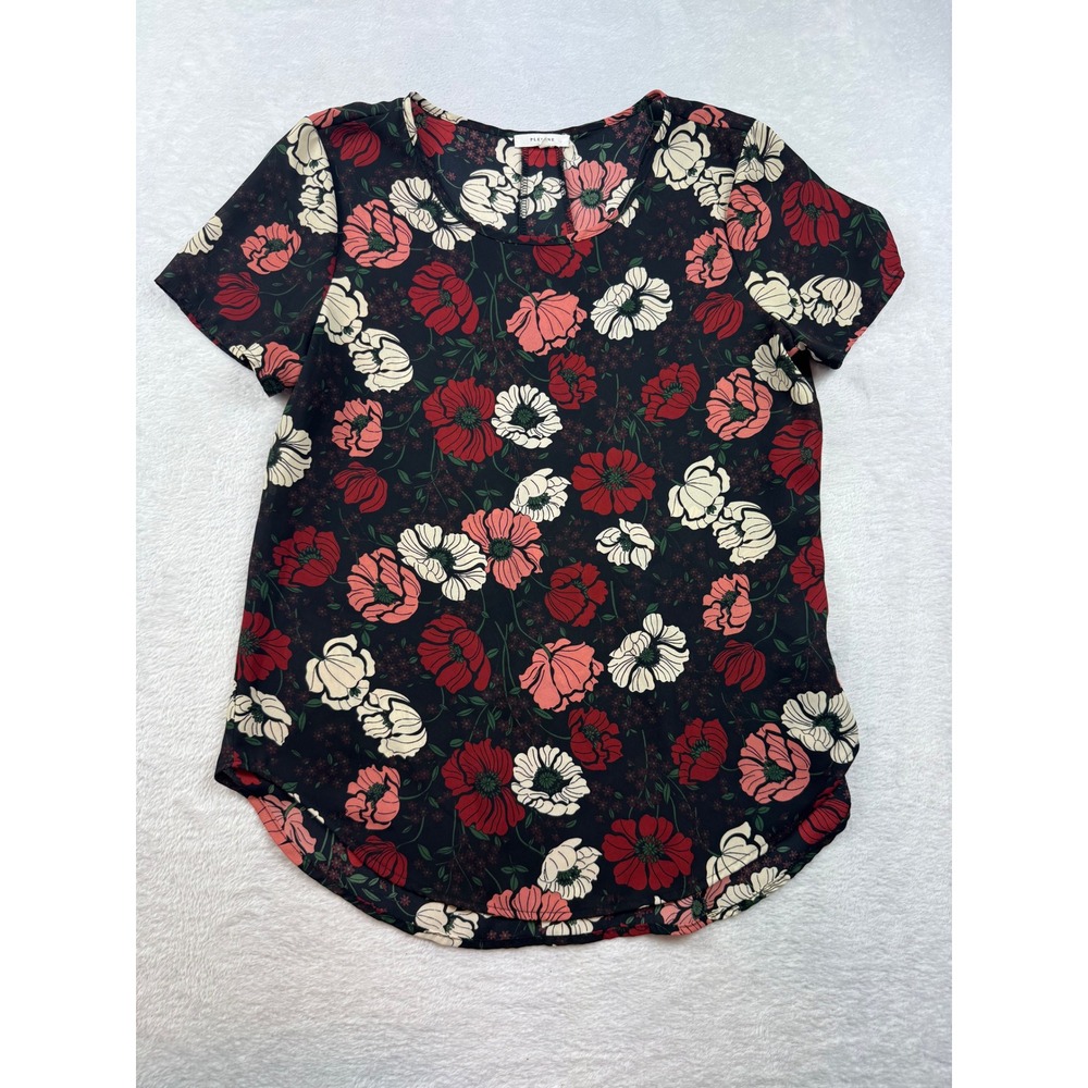 Pleione Womens XS Black Red Floral Poppy Short Sleeve Scoop Neck Pleat Back Top